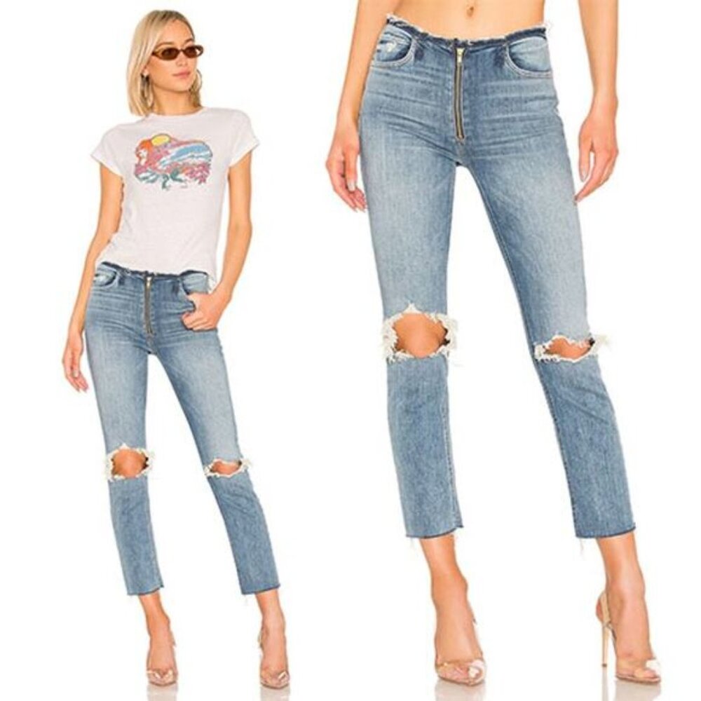 NWT Mother The Dazzler XYZ Double Fray Distressed Mid Rise Jeans Blue Size: 26